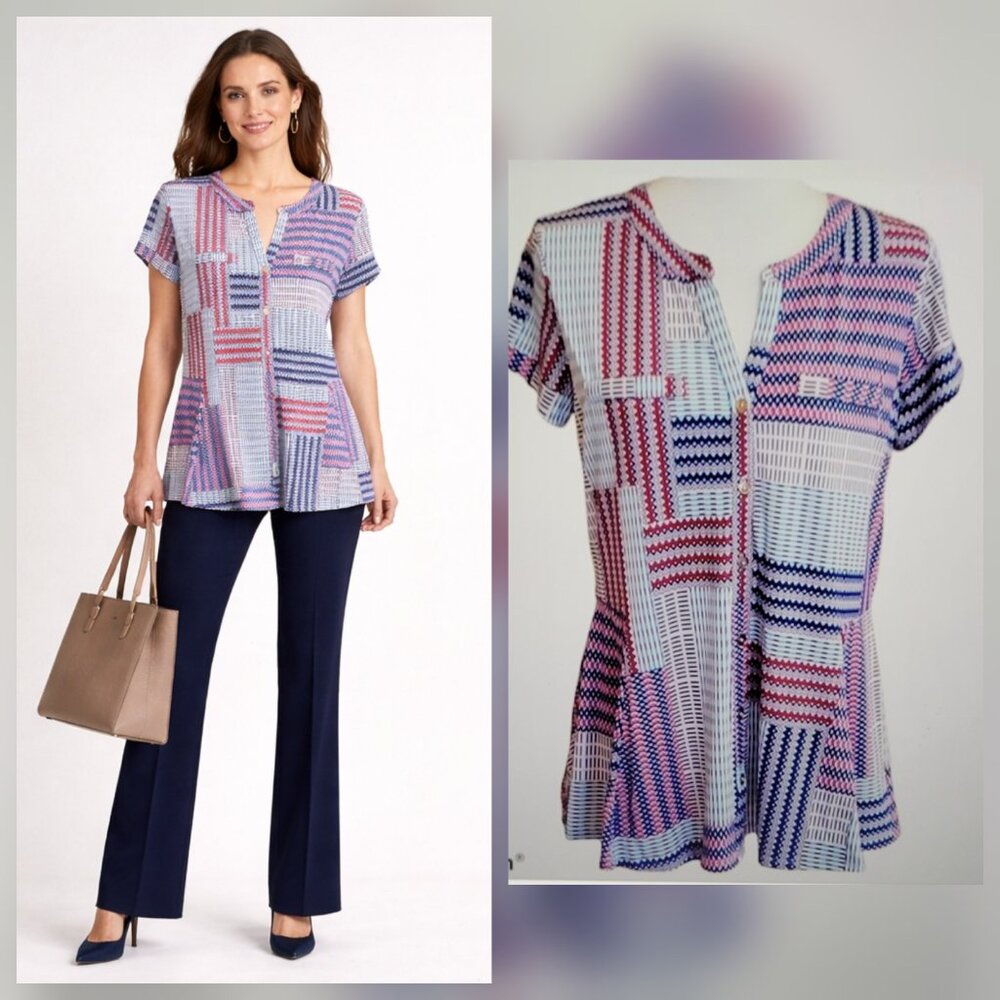 Red White & Blue Short Sleeve Patchwork Stripes Jersey Knit Blouse NEW